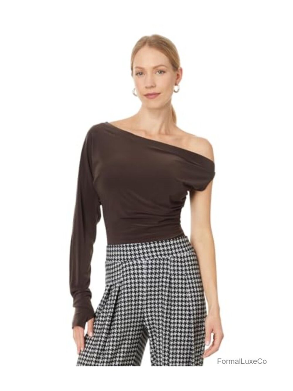 Norma Kamali One Sleeve Drop Shoulder Side Drape Top